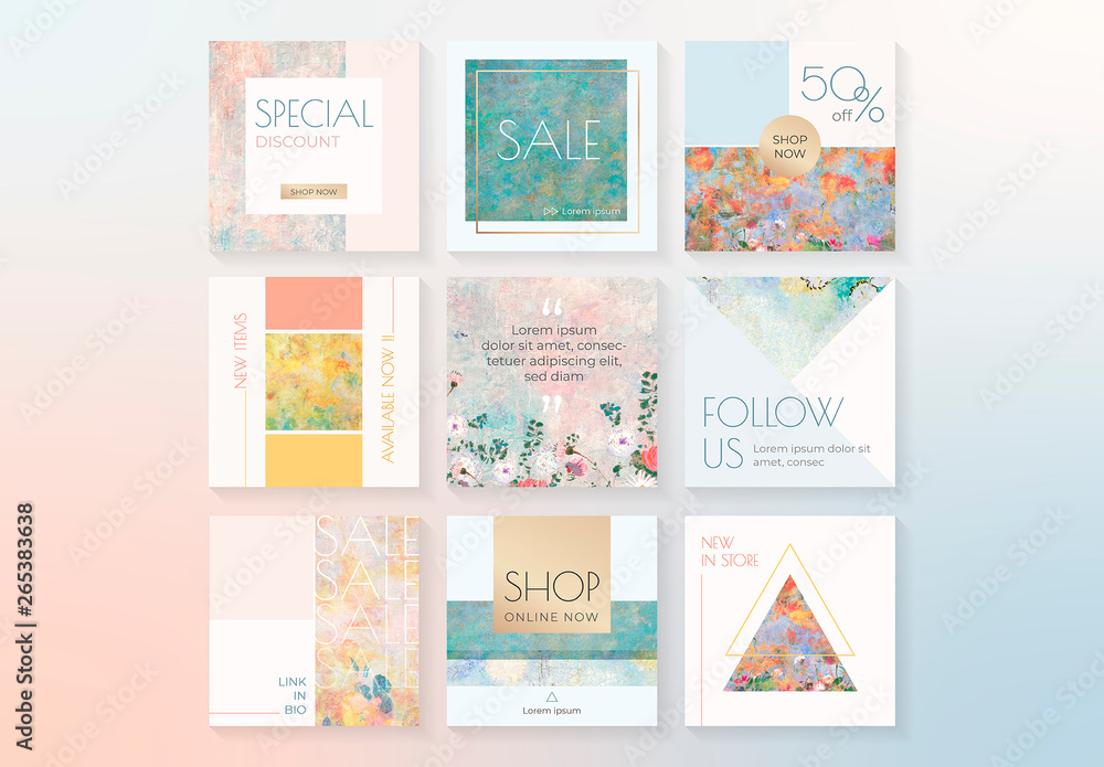 Social Media Post Layouts with Geometric and Painted Elements Stock ...