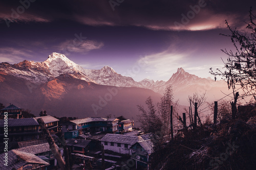 Tadapani village. Annapurna area mountains in the Himalayas of Nepal