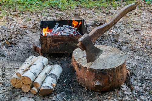 The axe in the log and wood against grill fire for cooking BBQ meat. Outdoor picnic