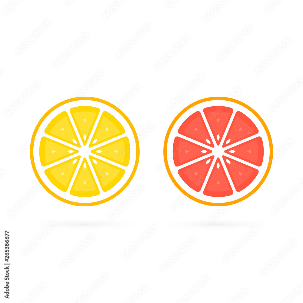 Orange and Grapefruit cut fruit icon collection, vector colorful set Orange and Grapefruit cut fruit icon collection, vector colorful set