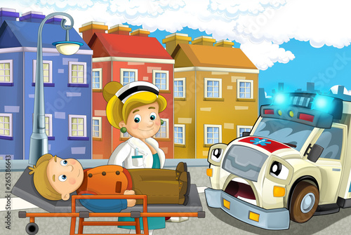 cartoon scene in the city with lady doctor and car happy ambulance and man injured on stretcher - illustration for children