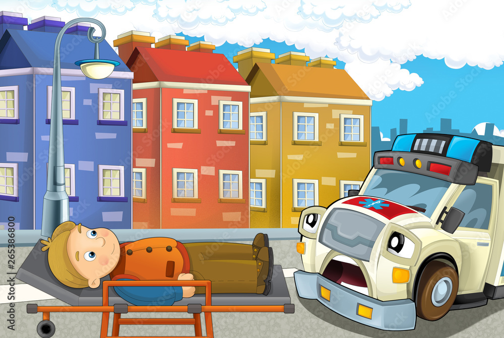 Naklejka premium cartoon scene in the city with car happy ambulance and man injured on stretcher - illustration for children