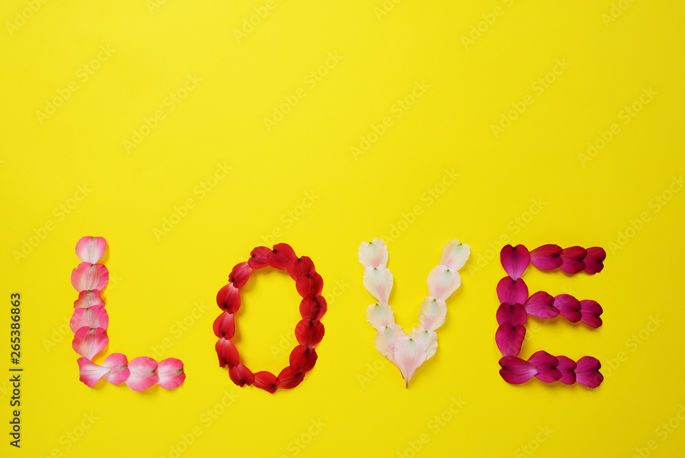 The word Love made from petals of Alstroemeria flowers and text space The word Love made from petals of Alstroemeria flowers and text space