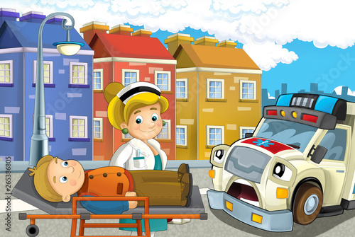 cartoon scene in the city with lady doctor and car happy ambulance and man injured on stretcher - illustration for children