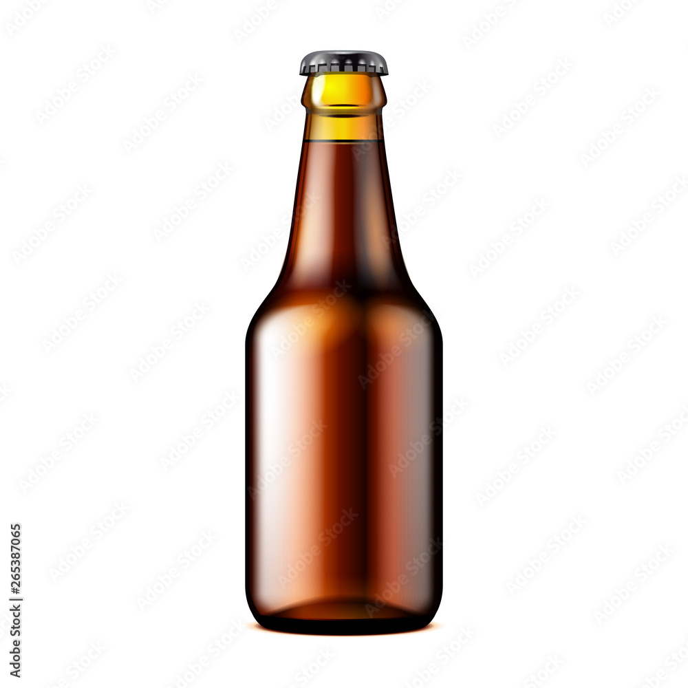 Glass Dark Brown Beer, Ale, Cider Bottle. Carbonated Soft Drink. Mock Up Template. Illustration Isolated On White Background. Ready For Your Design. Product Packaging. Vector EPS10 Glass Dark Brown Beer, Ale, Cider Bottle. Carbonated Soft Drink. Mock Up Template. Illustration Isolated On White Background. Ready For Your Design. Product Packaging. Vector EPS10