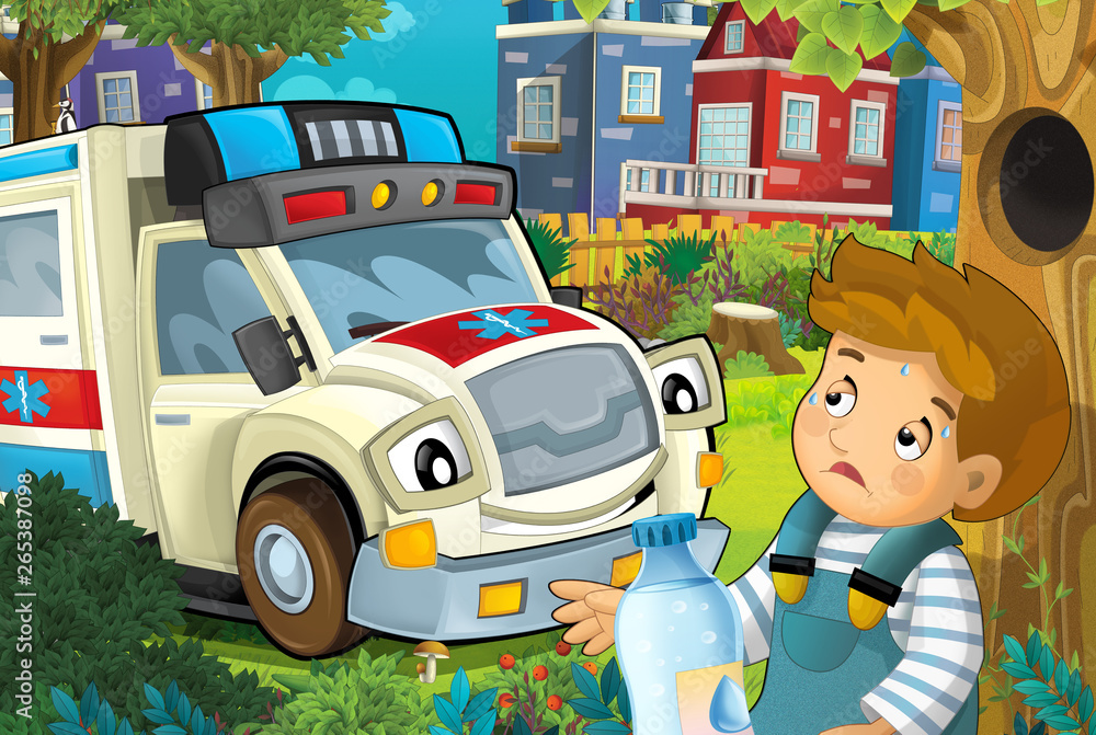 cartoon scene in the city with ambulance driving through the city to fire  accident to help child in the park - illustration for children Stock  Illustration | Adobe Stock