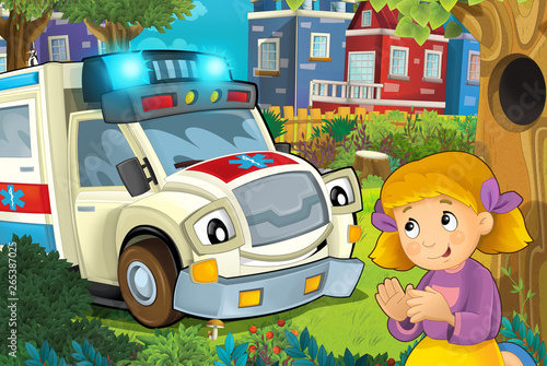 cartoon scene in the city with ambulance driving through the city to fire accident to help child in the park - illustration for children © honeyflavour