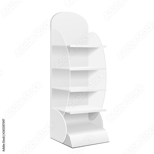 Blank Empty Showcase Displays With Retail Shelves, Trading Rack. Mock Up, Template. Illustration Isolated On White Background. Ready For Your Design. Product Advertising. Vector EPS10.