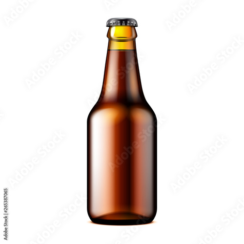 Glass Dark Brown Beer, Ale, Cider Bottle. Carbonated Soft Drink. Mock Up Template. Illustration Isolated On White Background. Ready For Your Design. Product Packaging. Vector EPS10