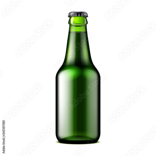 Glass Dark Green Beer, Ale, Cider Bottle. Carbonated Soft Drink. Mock Up Template. Illustration Isolated On White Background. Ready For Your Design. Product Packaging. Vector EPS10