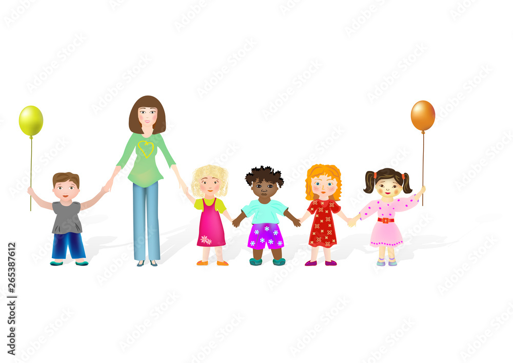 Mom is holding the hands of her child and foster children of different ethnicity. Illustration of Mother's Day on a white background. 