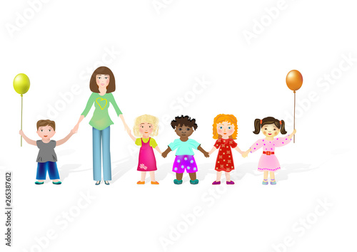 Mom is holding the hands of her child and foster children of different ethnicity. Illustration of Mother s Day on a white background. 