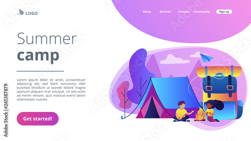 Tiny people kids sitting at campfire and roasting marshmallow near tent and huge backpack. Summer camp, sleepaway camp, kids vacation time concept. Website vibrant violet landing web page template.