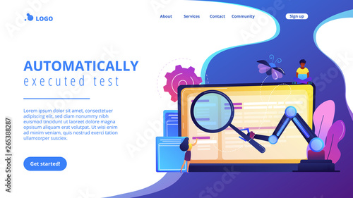 Laptop and software assisting in testing process, tiny people testers. Automated testing, automotive executed test, software auto tester concept. Website vibrant violet landing web page template.