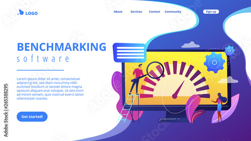 Tiny business people look at product performance indicator. Benchmark testing, benchmarking software, product performance indicator concept. Website vibrant violet landing web page template.