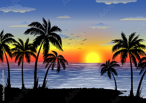 Exotic tropical landscape with palms. Palm trees at sunset or moonlight. Seascape. Tourism and travelling. Vector flat design
