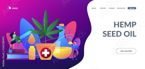 Hemp seed oil used as pain relief medicine in pharmacy and for cooking dishes. Hemp seed oil, CBD oil use, cannabis plant pharmacy concept. Website vibrant violet landing web page template.