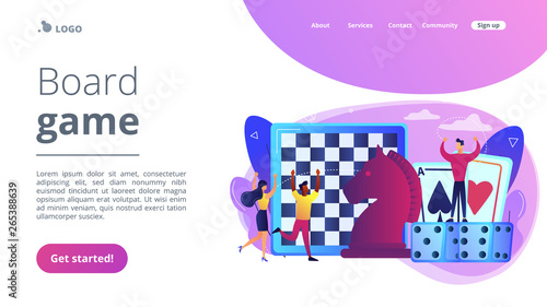 Entertainment of tiny people playing and winning chess, game cards and dice. Board game, leisure time activity, whole family activity concept. Website vibrant violet landing web page template.