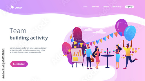 Happy tiny business people dancing, having fun and drinking wine. Corporate party, team building activity, corporate event idea concept. Website vibrant violet landing web page template.