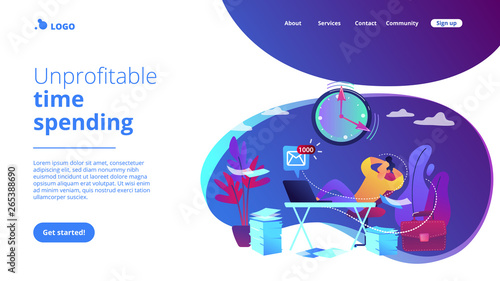 Procrastinating businessman sitting with legs on office desk postponing work. Procrastination, unprofitable time spending, useless pastime concept. Website vibrant violet landing web page template.