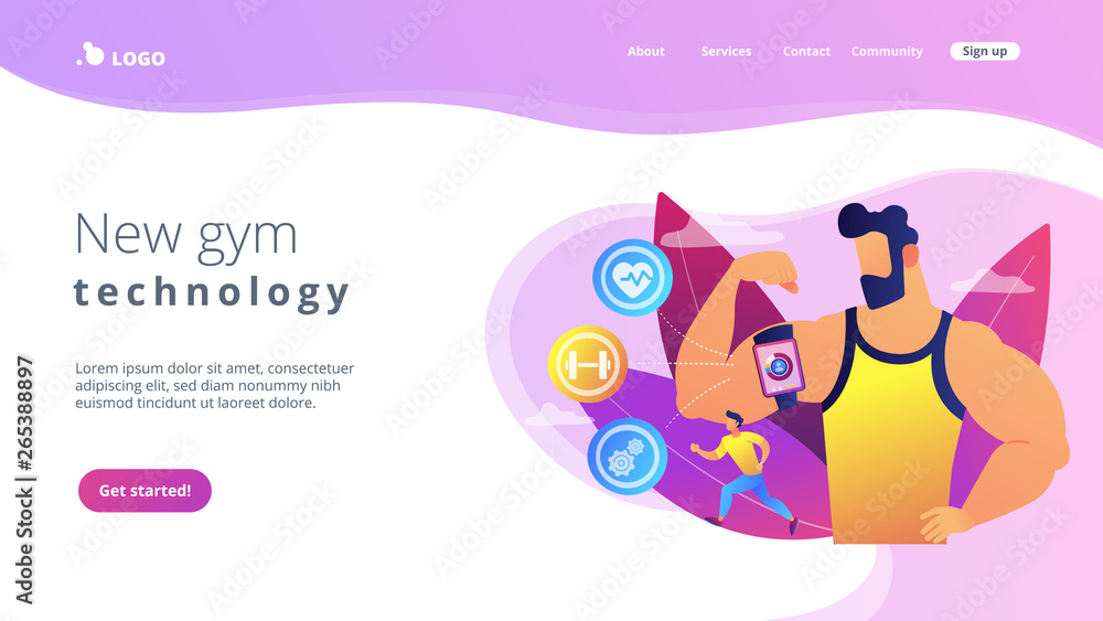 Fitness man doing workout with smart digital gadget for keeping fit exercises. Smart training, smart training tools, new gym technology concept. Website vibrant violet landing web page template. Fitness man doing workout with smart digital gadget for keeping fit exercises. Smart training, smart training tools, new gym technology concept. Website vibrant violet landing web page template.