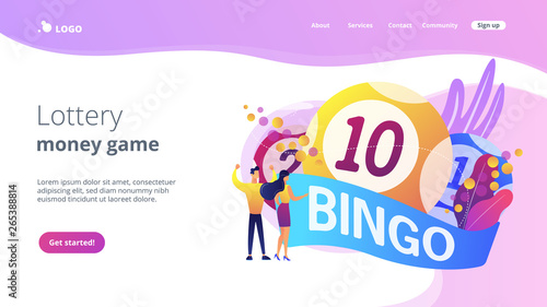 Businessman and woman winners and bingo lottery balls with lucky numbers, tiny people. Lottery money game, lucky raffle ticket, bingo game concept. Website vibrant violet landing web page template.