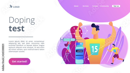 Nurse with syringe doing a doping injection to champion athlete, tiny people. Doping test, performance-enhancing drugs, doping use in sport concept. Website vibrant violet landing web page template.