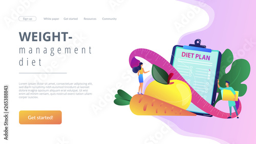 Tiny people nutritionist and diet plan checklist with vegetables, fruit. Nutrition diet, weight-management diet, individual dietary service concept. Website vibrant violet landing web page template.