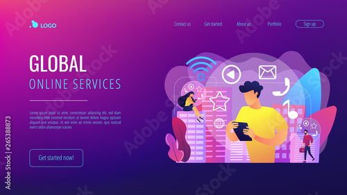 Tiny people connected with multiple intelligent devices in smart city. Connected living, global online services, intelligent devices network concept. Website vibrant violet landing web page template.