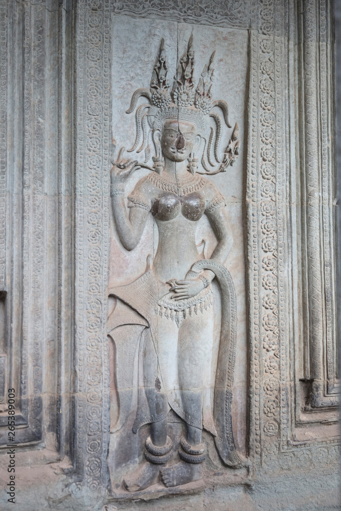 Bas relief sculptures in the amazing Angkor Wat temple, Siem Reap, Cambodia