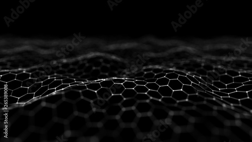 Futuristic black hexagon background. Futuristic honeycomb concept. Wave of particles. 3D rendering. Data technology background © Vadym