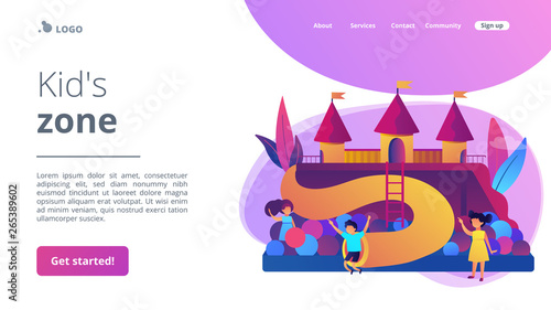 Happy children playing outdoors on playground with slides, balls and tubes, tiny people. Kids playground, kids zone, playground for rent concept. Website homepage landing web page template.