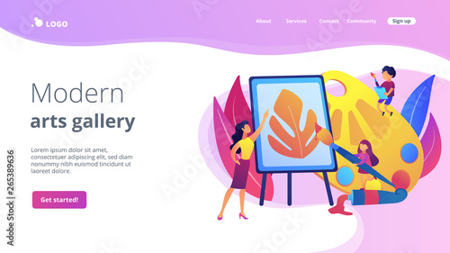 Female artist at easel teaching children painting with palette and brushes, tiny people. Art studio, open art classes, modern arts gallery concept. Website homepage landing web page template.