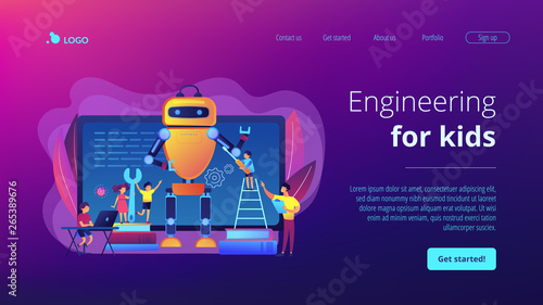 Kids programming and creating robot at class, tiny people. Engineering for kids, learn science activities, early development classes concept. Website homepage landing web page template.