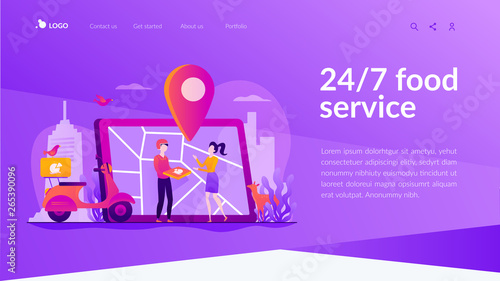 Delivery man delivered pizza to customer by scooter, map on tablet, tiny people. Food delivery service, online food ordering, 24 7 food service concept. Website homepage header landing web page