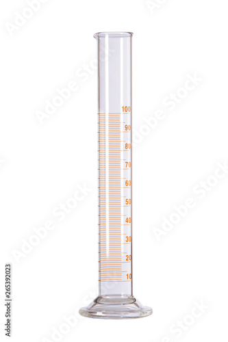 Volumetric flask with a capacity of 100 milliliters. Isolate on white background