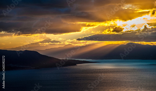 Sunset over the Strait of Messina, Calabria, Italy.