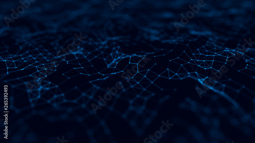 Wave 3d. Abstract 3D big data visualization. Visual information complexity. Plexus affect. Network connection structure. Abstract Neural Network. 3d rendering.
