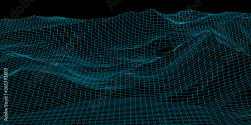 Wireframe 3D landscape mountains. Futuristic 3D cartography. Wireframe landscape wire. Cyberspace grid.