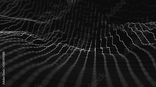 Wave 3d. Wave of particles. Abstract background with a futuristic wave. Big data visualization. Technology concept. 3d landscape. 3d rendering. © Vadym