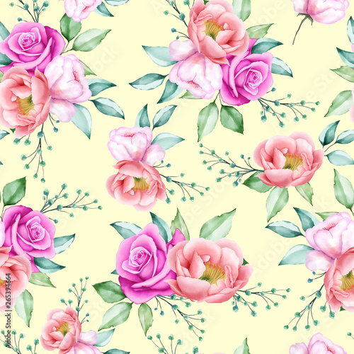 watercolor floral and leaves seamless pattern © lukasdedi