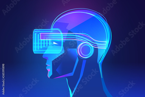 Side view of human head with virtual reality headset. Abstract vr world with neon lines. Vector illustration