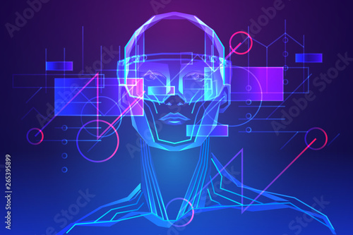 Man wearing augmented reality glasses. Abstract holography with data and graph. Vector illustration photo