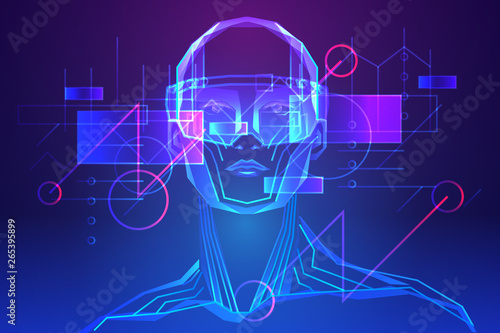 Man wearing augmented reality glasses. Abstract holography with data and graph. Vector illustration