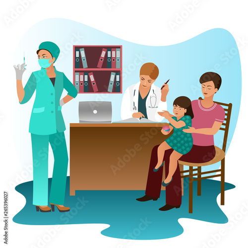 Woman with a small child at the doctor's office, a nurse holding a syringe, is preparing to be vaccinated. Mother with a baby in a medical facility on examination by pediatrician. Vector illustration.