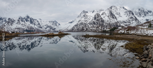 Reflection of mountain on fjord during winter, Norway