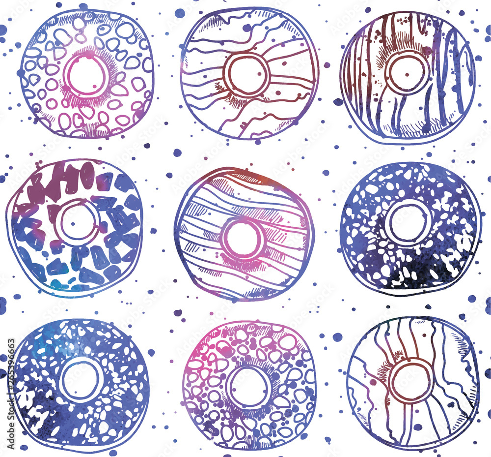 Fototapeta premium Seamless pattern with donuts. Stylish background with sweets. Drawing by hand. Bright, colorful background food.