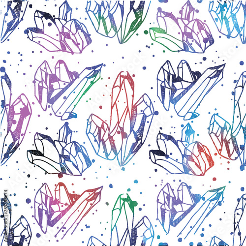 Crystals. Seamless pattern. Drawing by hand in vintage style. Texture of watercolor paint. Multicolored, bright drawing. Jewels, precious stones.