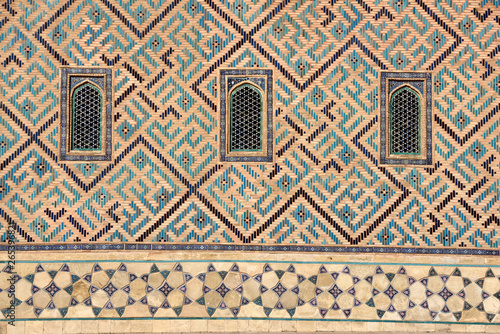 Detail of windows and geometric patterns on Khoja Ahmed Yasawi Mausoleum in Turkistan Kazakhstan