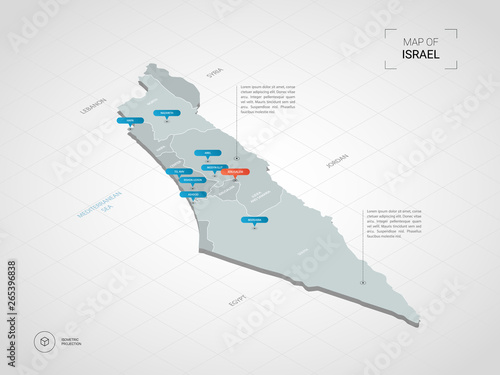 Isometric  3D Israel map. Stylized vector map illustration with cities, borders, capital, administrative divisions and pointer marks; gradient background with grid.
